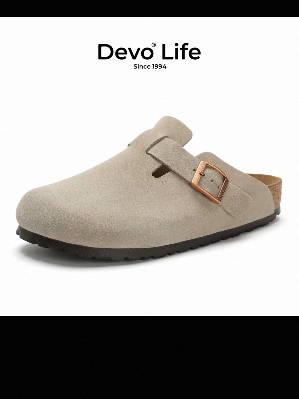 Devo Life Suede Slip-On Clog in Taupe with Copper Buckle